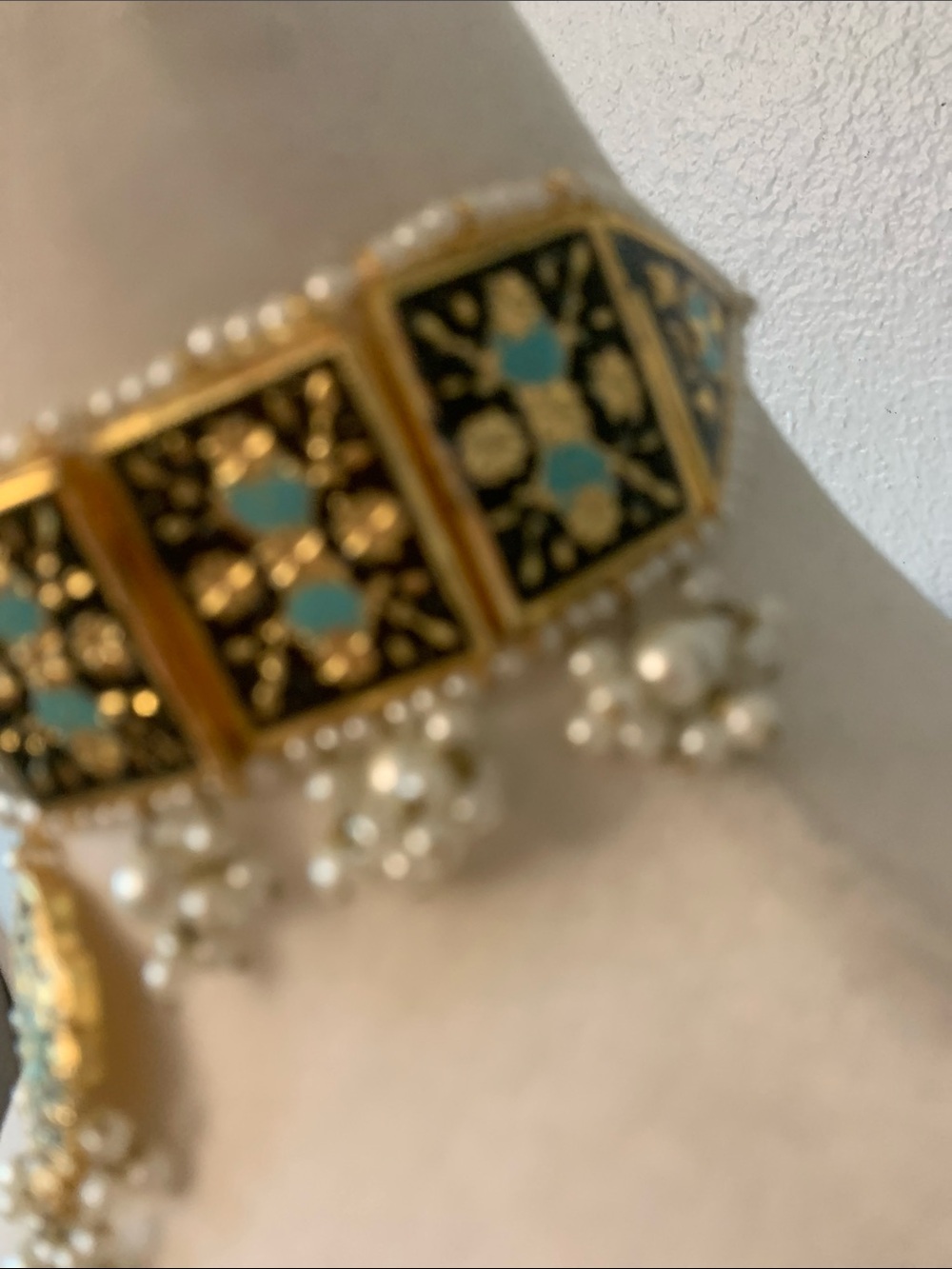 Gold-Tone Choker Necklace with Turquoise Enamel and Pearl Fringe - Picture 3 of 4
